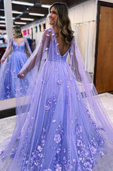 Lavender Satin A-line V-neck Long Prom Dresses With 3D Lace Flowers